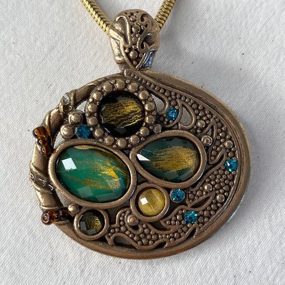 Express Pendant Necklace Gold Tone Multicolor Stone Opera Chain - Picture 3 of 11